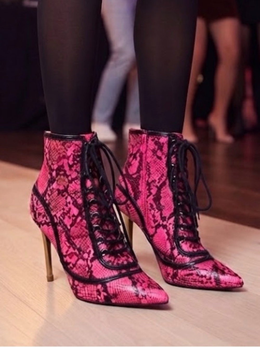 Dangerous Pink Snake Print Lace Up Gold Stiletto Booties Ankle Heels 7.5 Barbie